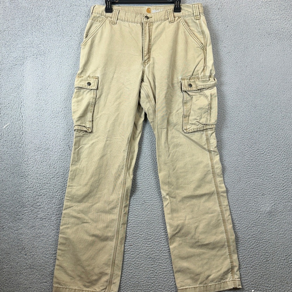 Carhartt Pants Mens 36X34 Relaxed Fit Tan Cargo Canvas Workwear Utility Logo EUC